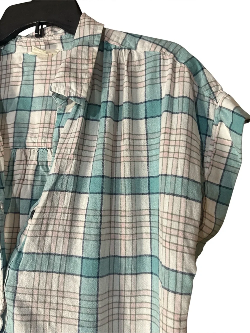 Caslon Light Teal and Off-White Plaid Short Sleeve Button Shirt - Size M - Picture 4 of 5